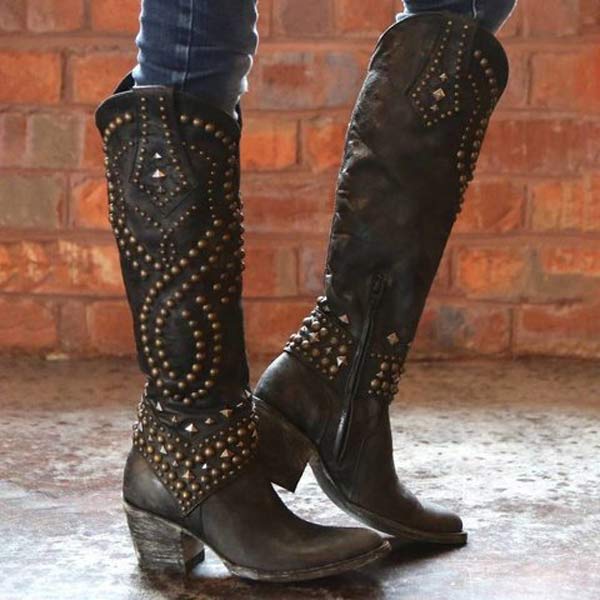 GR - High Boots with Metal Studs and Chunky Heel