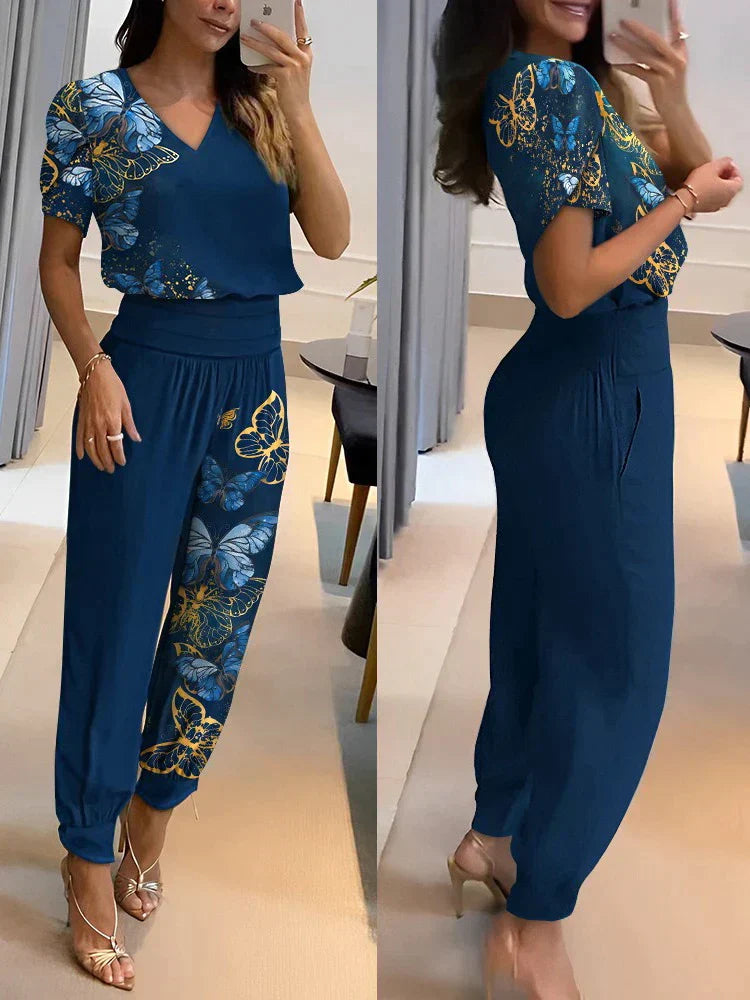 GR | Two-piece set: V-neck, short-sleeved top & elasticated waist trousers, relaxed fit