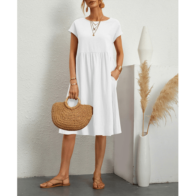 GR | Baumwolle Leinen Kurzarm Midi Kleid