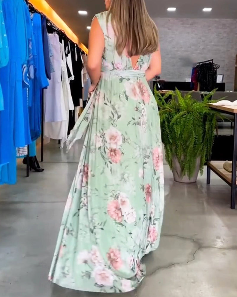 GR | Elegantes Ärmelloses V-Ausschnitt Floral Druck Kleid