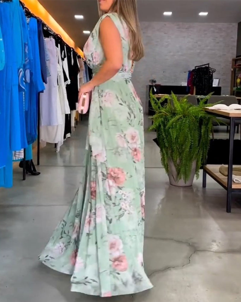 GR | Elegantes Ärmelloses V-Ausschnitt Floral Druck Kleid