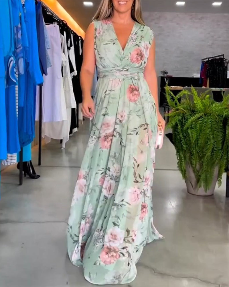 GR | Elegantes Ärmelloses V-Ausschnitt Floral Druck Kleid