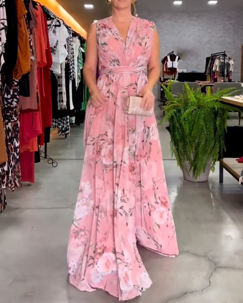 GR | Elegantes Ärmelloses V-Ausschnitt Floral Druck Kleid