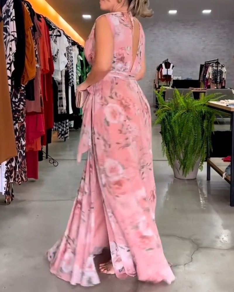 GR | Elegantes Ärmelloses V-Ausschnitt Floral Druck Kleid