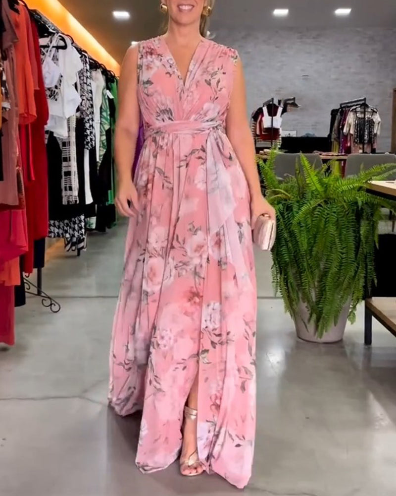 GR | Elegantes Ärmelloses V-Ausschnitt Floral Druck Kleid