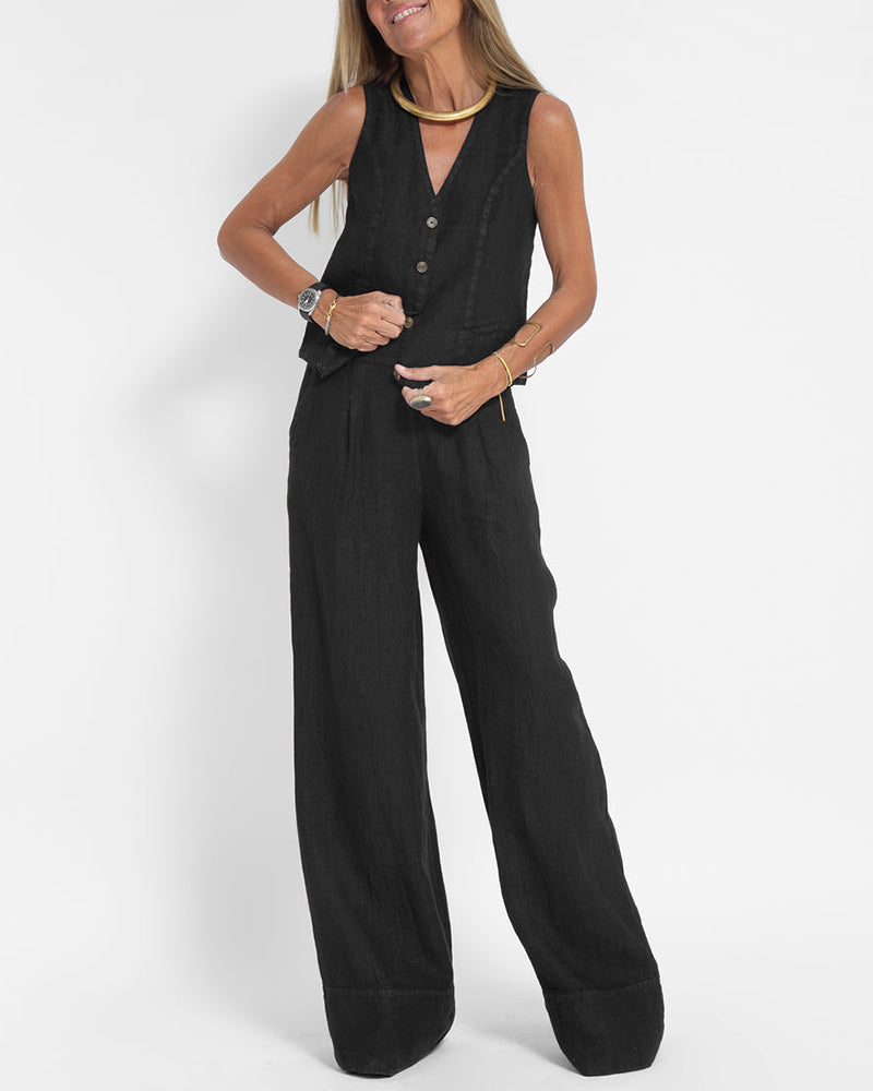 GR | Elegant 2-piece linen set: wide-leg trousers & vest
