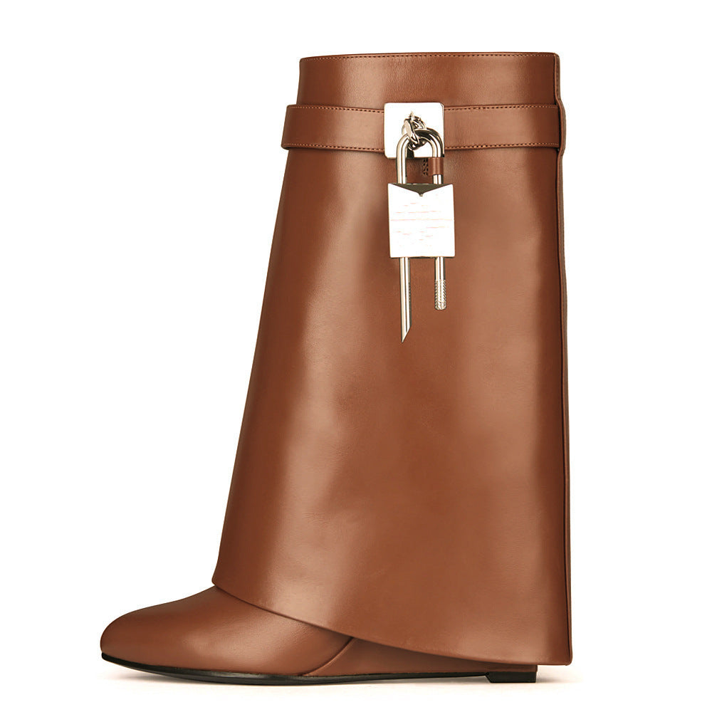 GR | Women's Fashion Slanted Heel Round Toe Leather Upper High Heel Zipper Short Boots