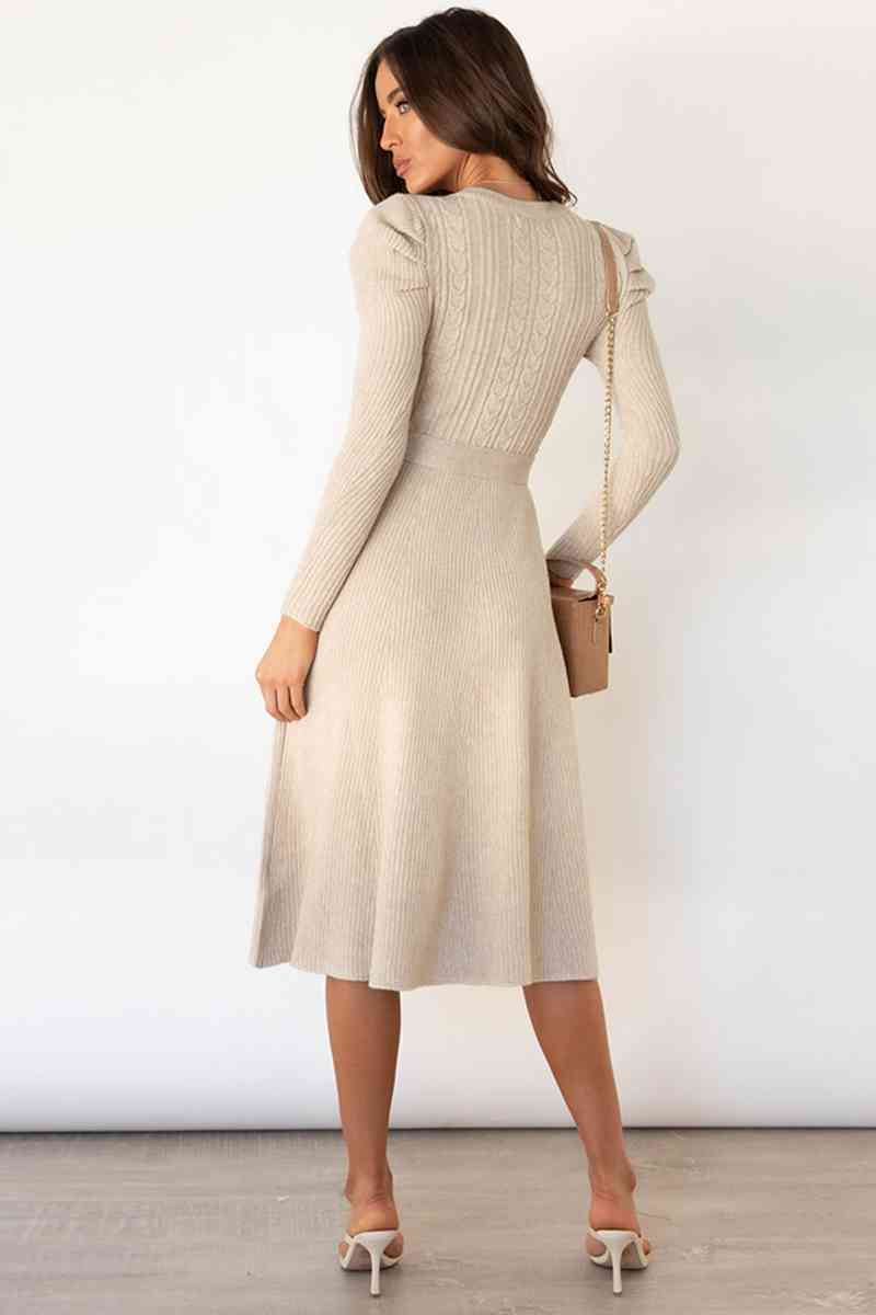 GR | Round Neck Long Sleeve Knot Waist Sweater Dress
