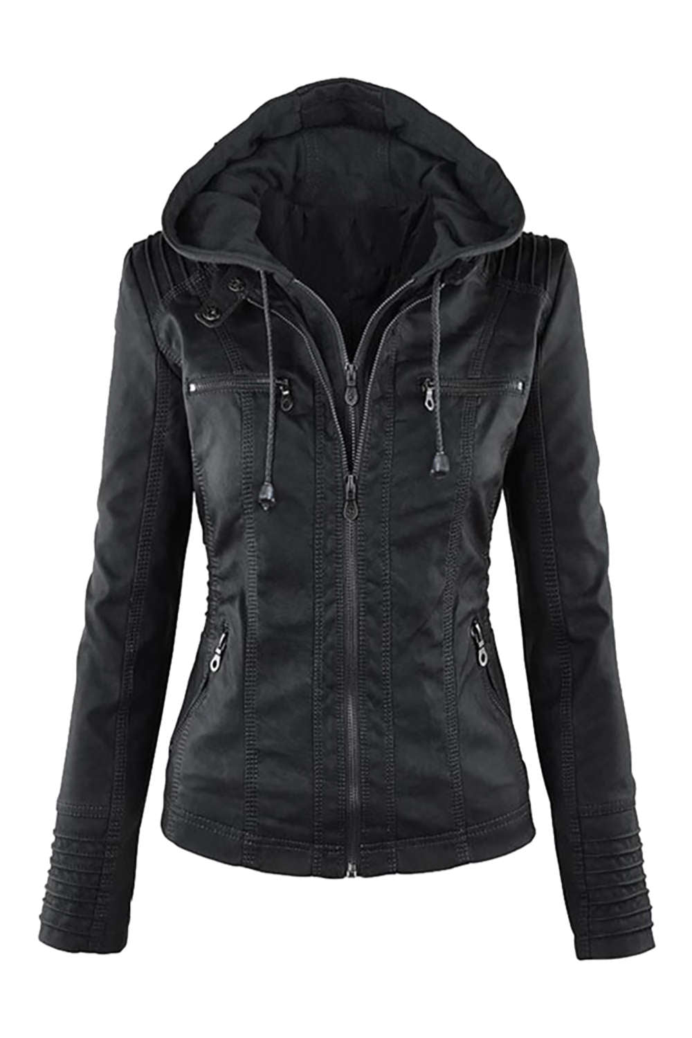 GR | Women's Faux Leather Hooded Jacket with Zipper