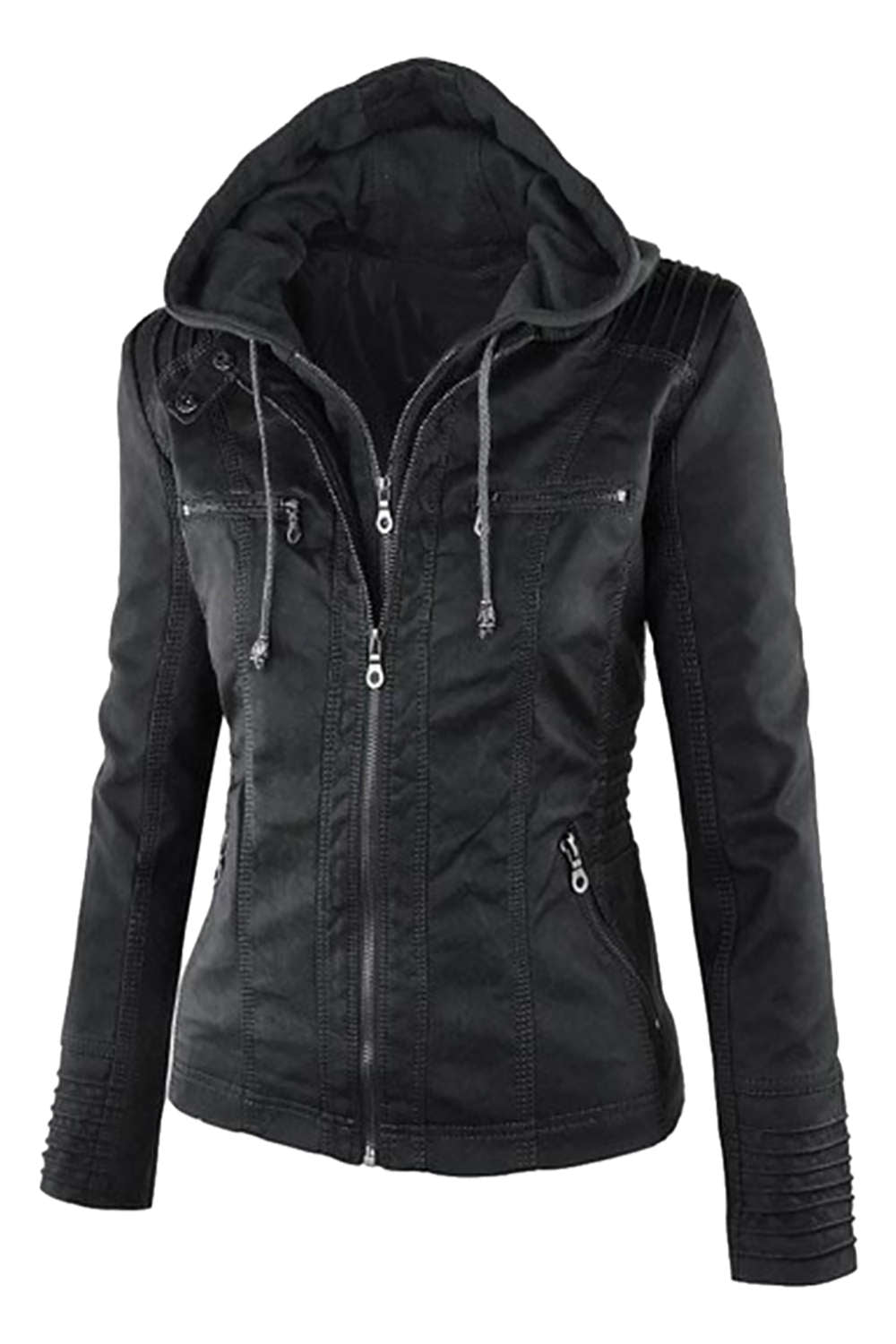 GR | Women's Faux Leather Hooded Jacket with Zipper