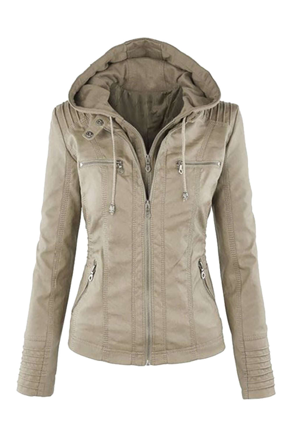 GR | Women's Faux Leather Hooded Jacket with Zipper