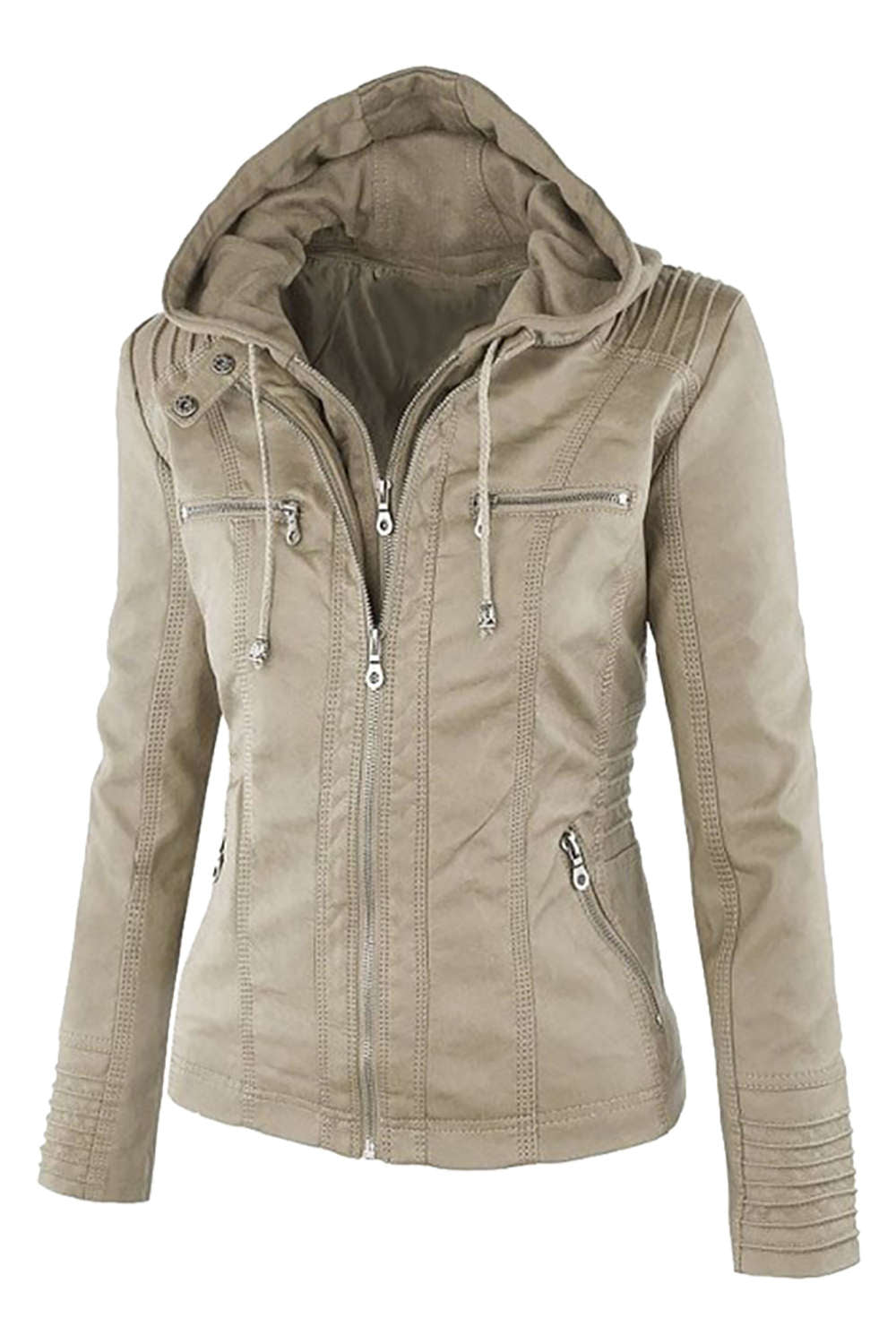 GR | Women's Faux Leather Hooded Jacket with Zipper