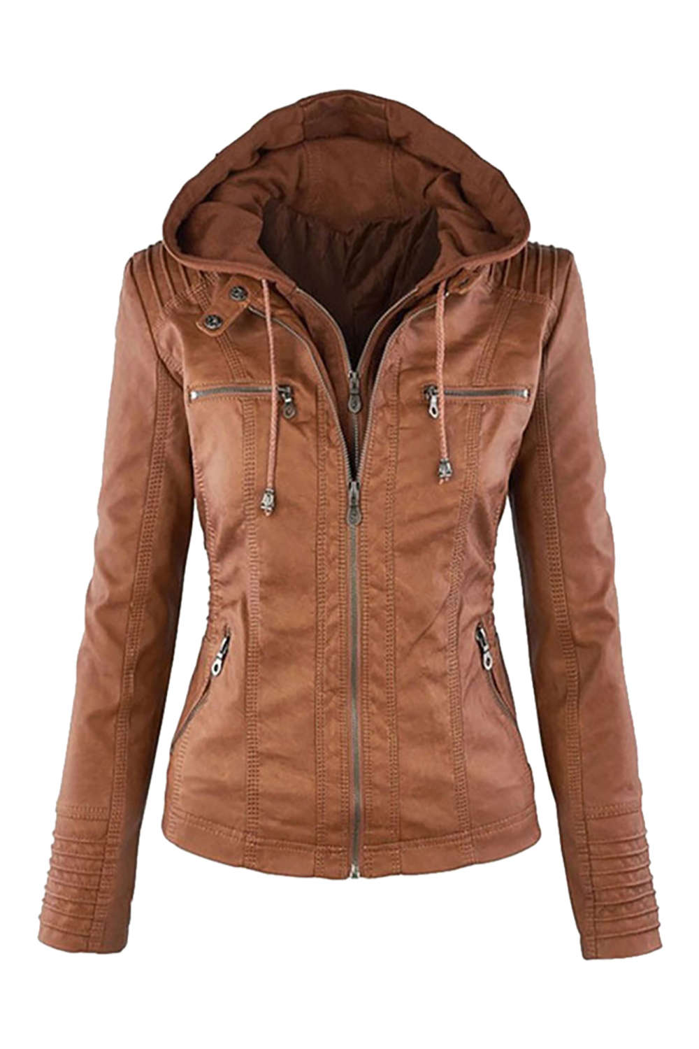 GR | Women's Faux Leather Hooded Jacket with Zipper