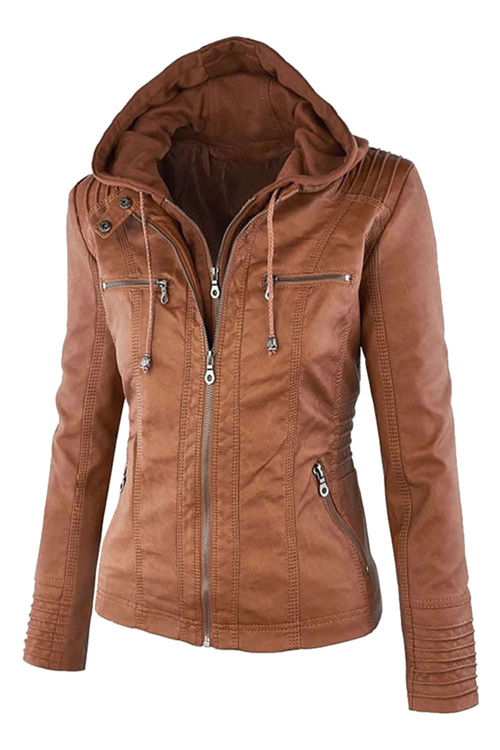 GR | Women's Faux Leather Hooded Jacket with Zipper