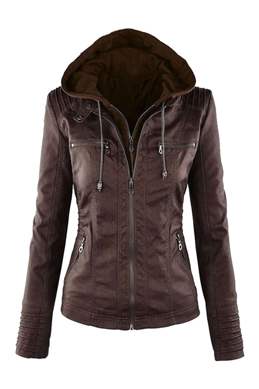GR | Women's Faux Leather Hooded Jacket with Zipper