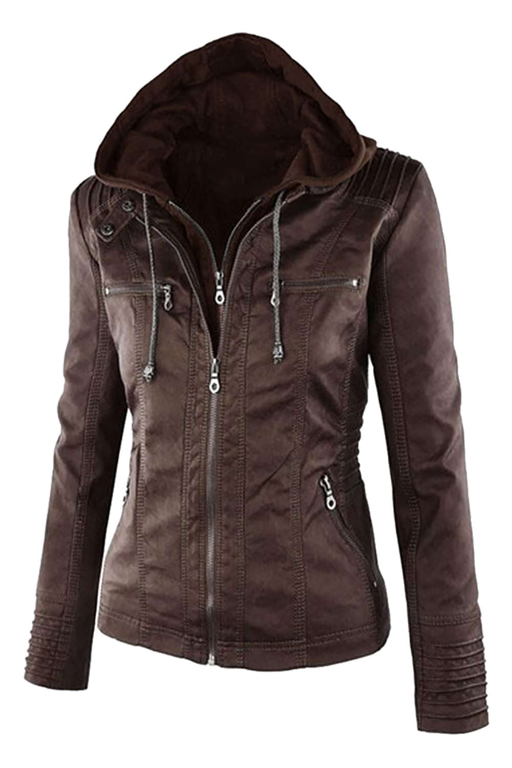 GR | Women's Faux Leather Hooded Jacket with Zipper