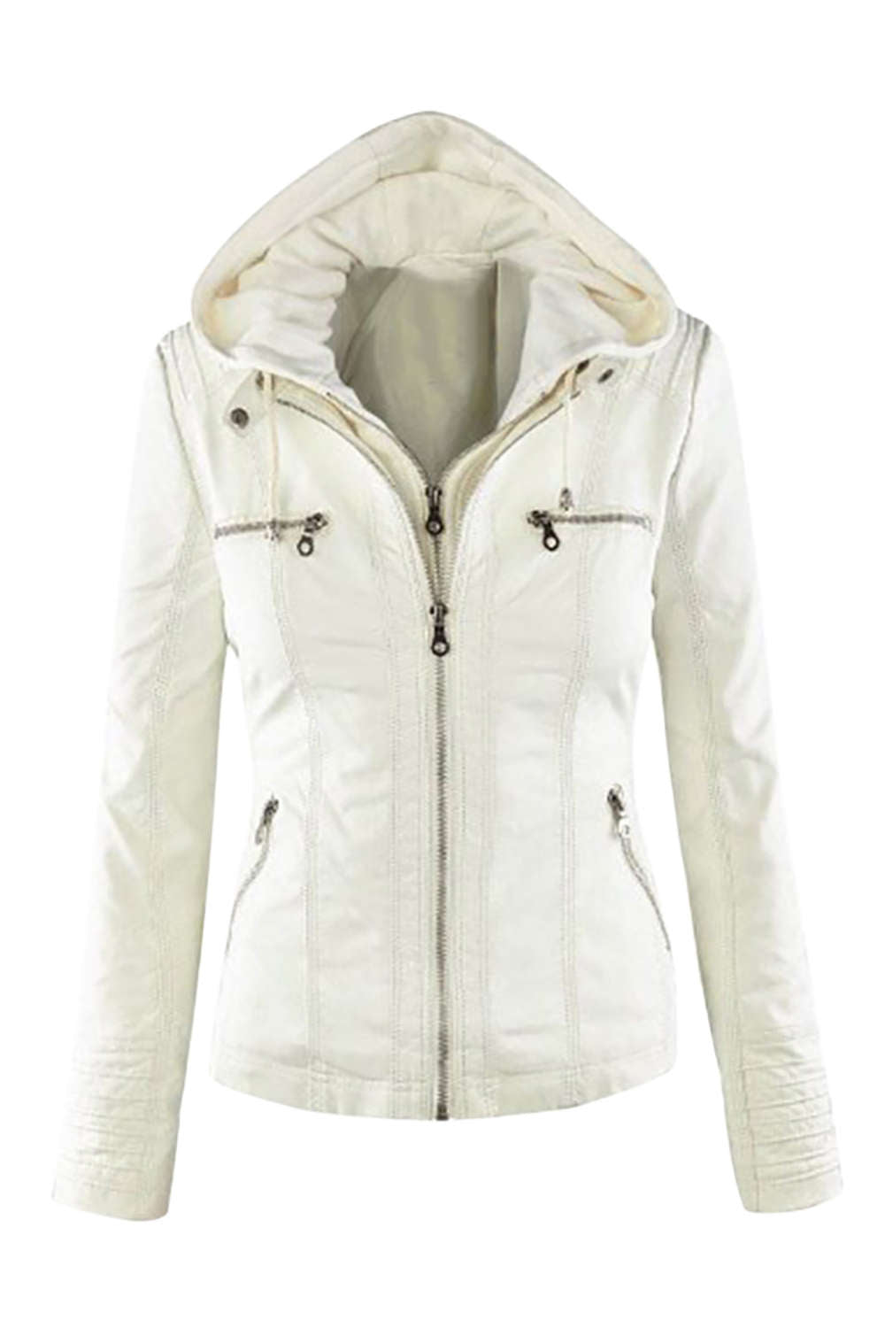 GR | Women's Faux Leather Hooded Jacket with Zipper