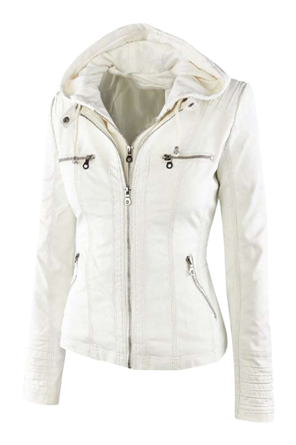 GR | Women's Faux Leather Hooded Jacket with Zipper