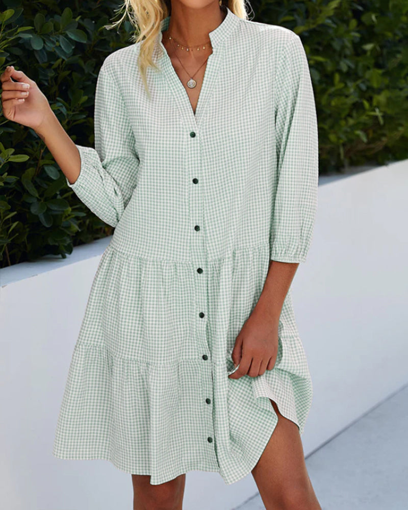 GR - Checked A-line dress with button placket for women | resembles a shirt dress