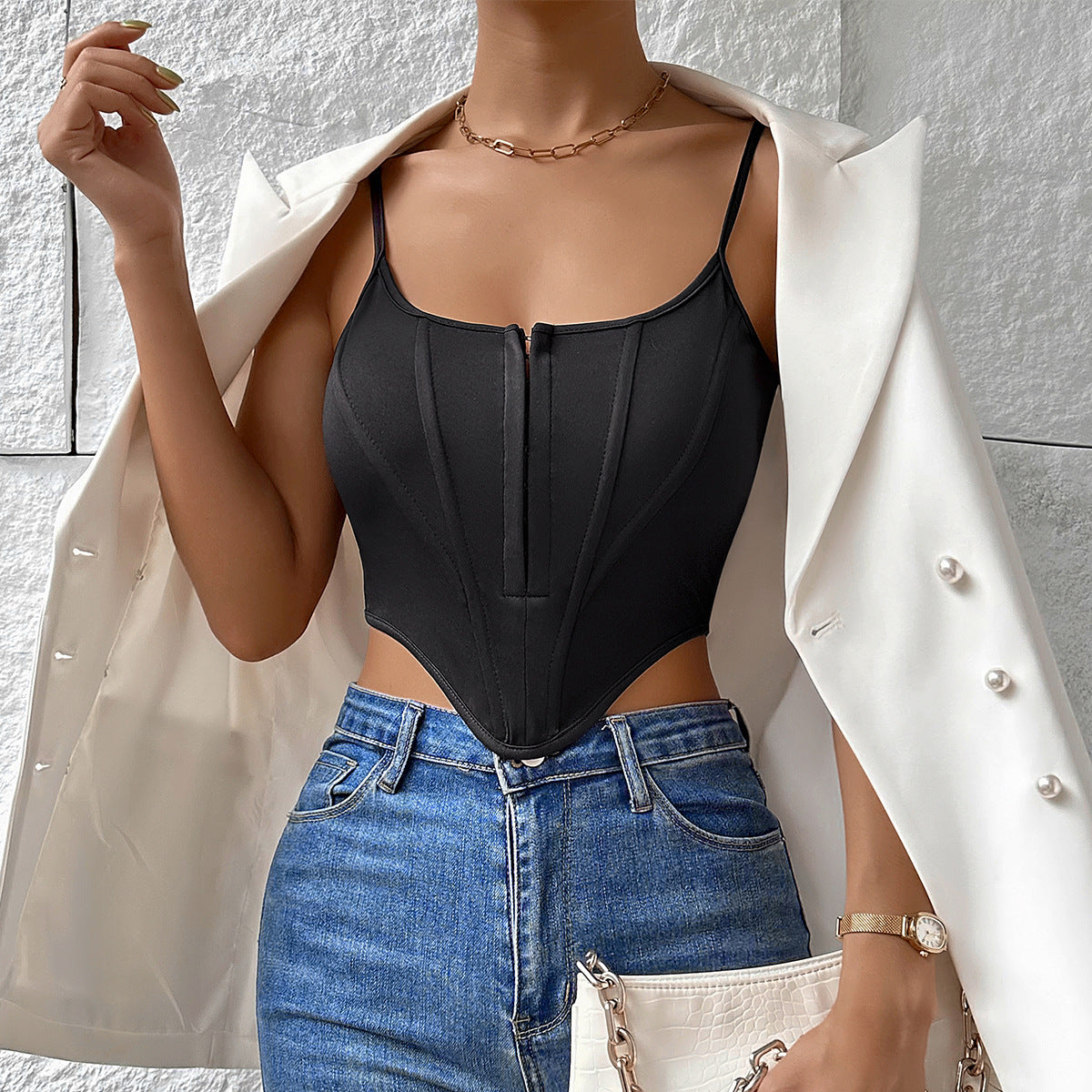 GR | Single-breasted sling crop corset tank summer fashion slim spaghetti strap top for women's clothing