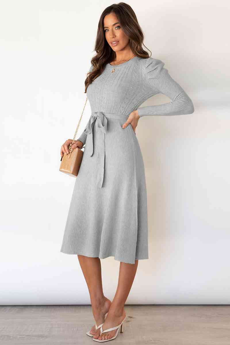 GR | Round Neck Long Sleeve Knot Waist Sweater Dress