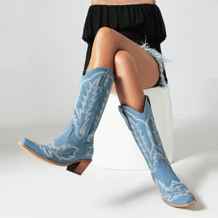 GR | Embroidered Long Knee-High Boots Pointed Toe Chunky Heel High Heel