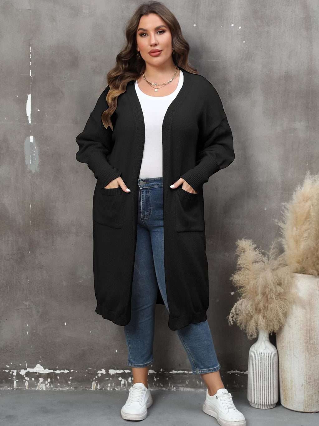 GR | Plus Size Langarm Taschen Cardigan