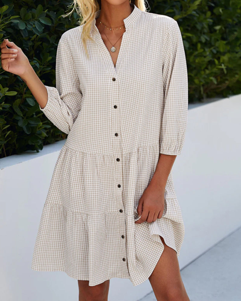 GR - Checked A-line dress with button placket for women | resembles a shirt dress