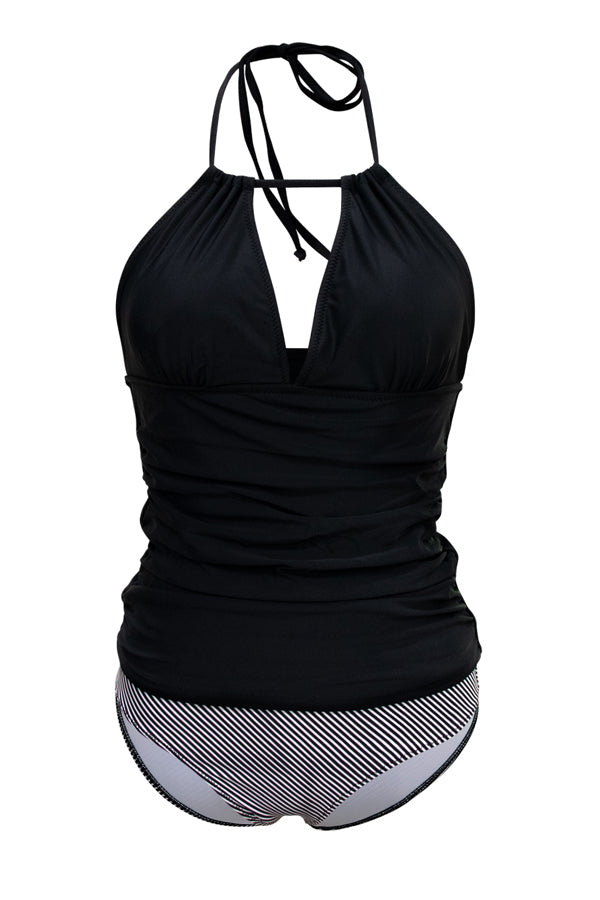 GR | V-neck tummy control striped print tankini set