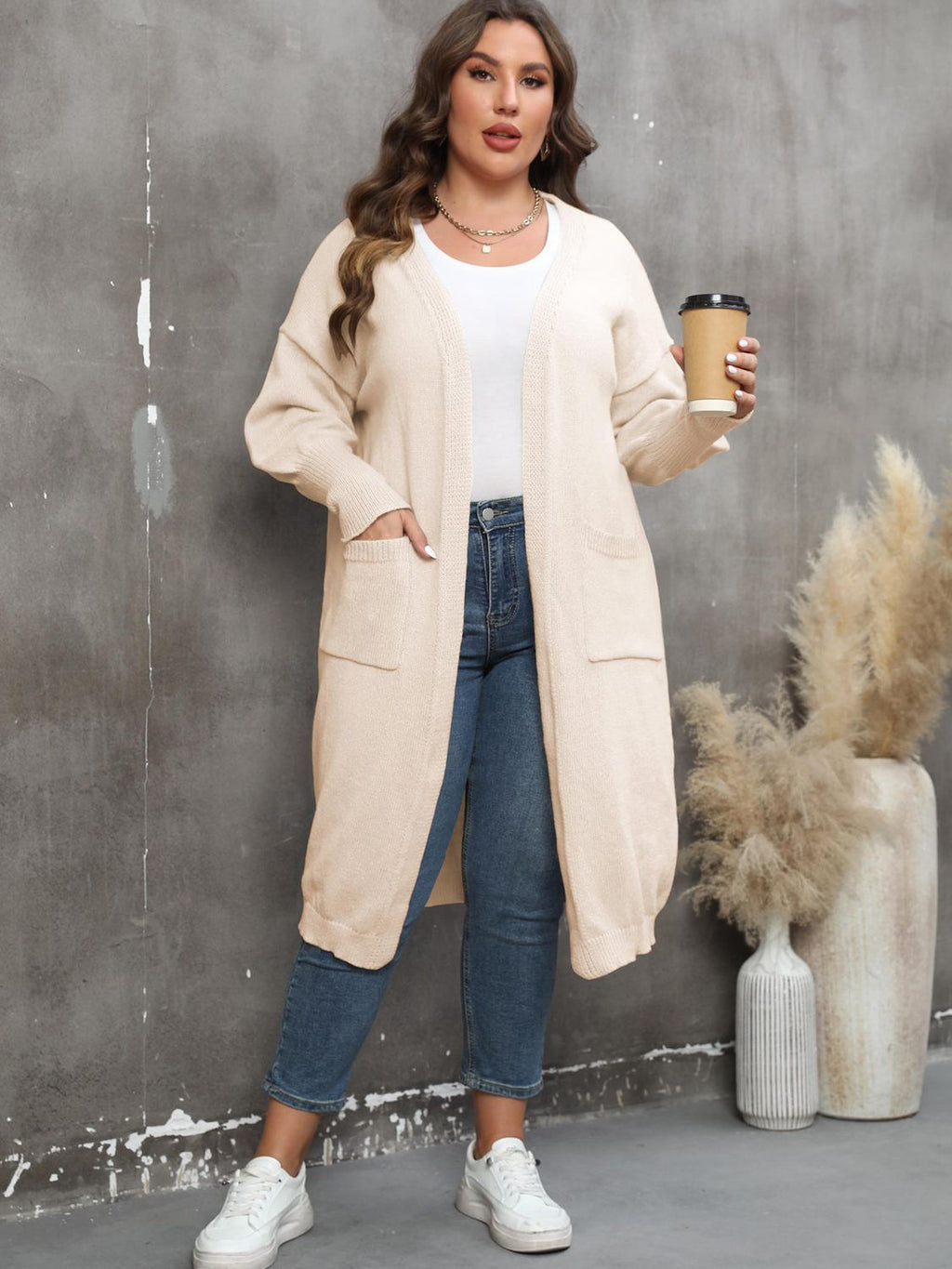 GR | Plus Size Langarm Taschen Cardigan