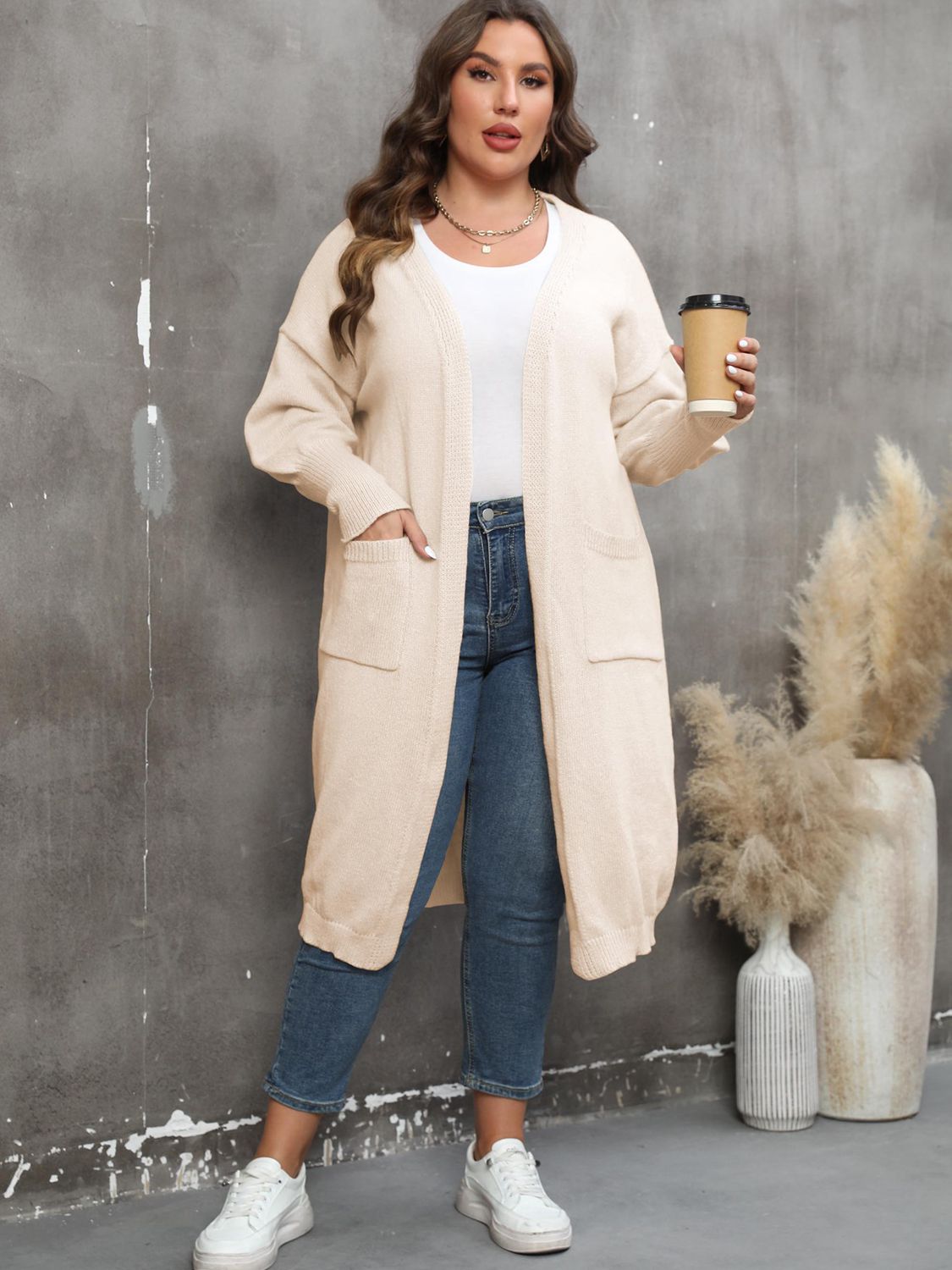 GR | Plus Size Langarm Taschen Cardigan