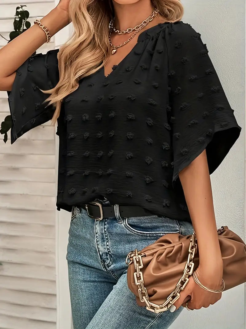 GR | Elegant and stylish V-neck top with Swiss polka dots