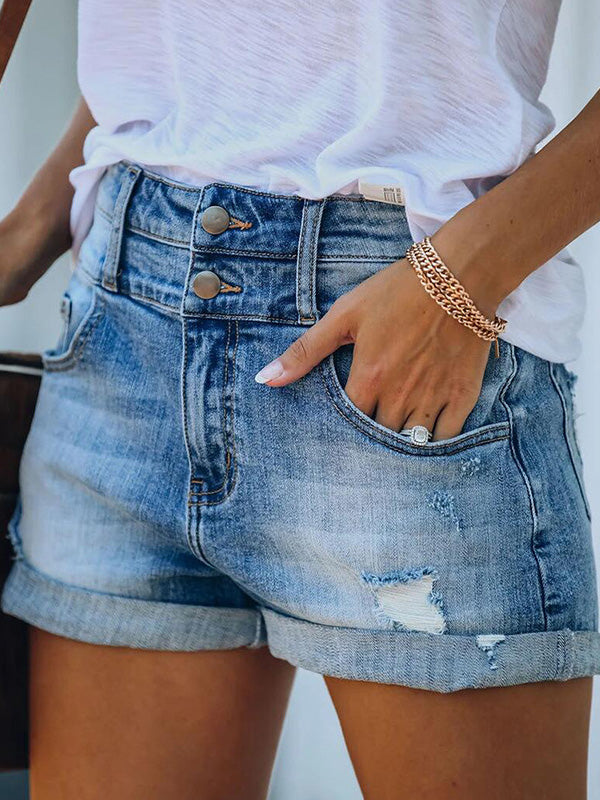 GR | Women's Denim Shorts Ripped Rolled Stretch High Waist Denim Shorts