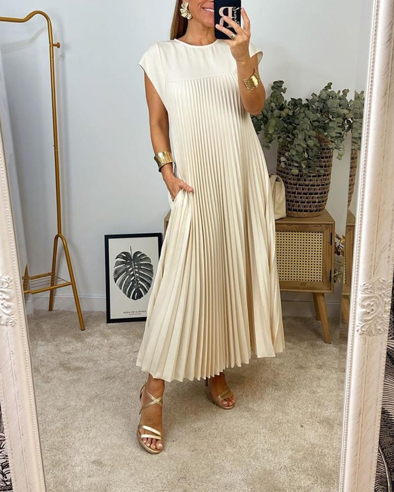 Elegant pleated dress, solid color, sleeveless