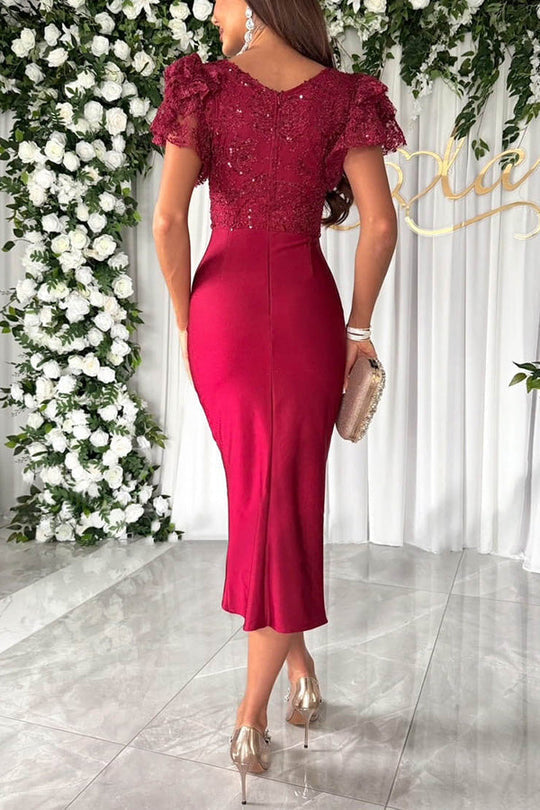 GR | Traumhafte Luxus Spitze und Satin Patchwork Rüschenausgestellte Midi Kleid