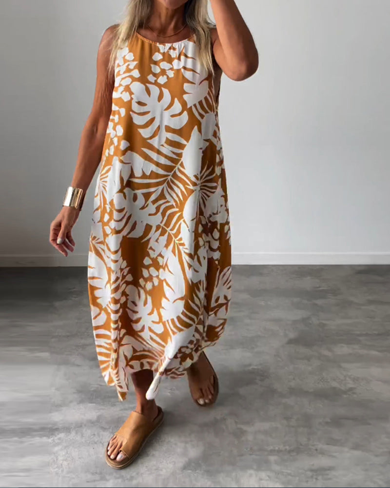 GR | Lässiges, Ärmelloses Kleid mit Blattmuster