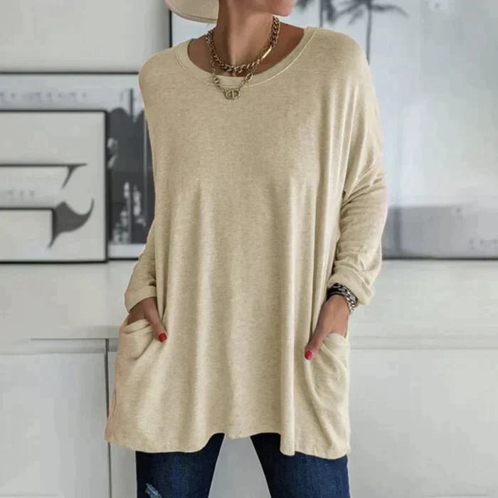 GR | Fashionable tunic top with pockets - Relaxed fit, round neck, long sleeves