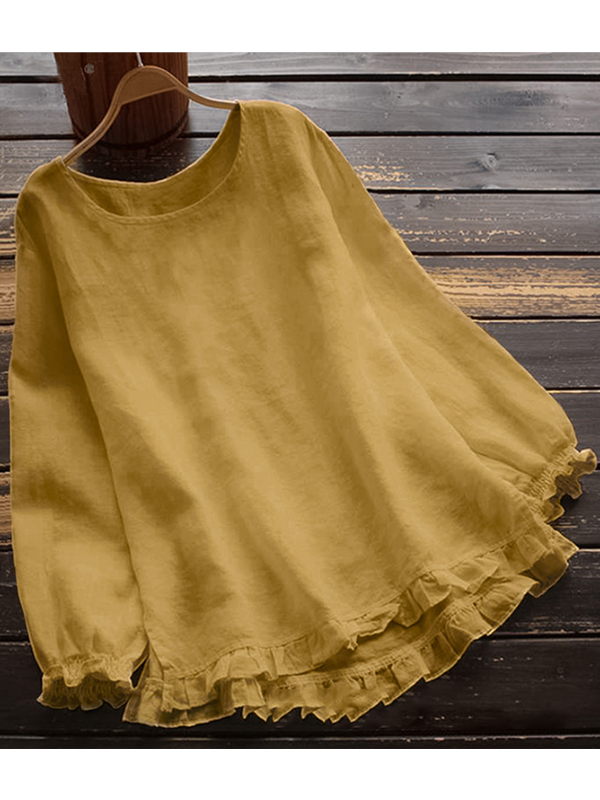 GR | O-neck Solid color Long sleeves Ruffled Linen Tops