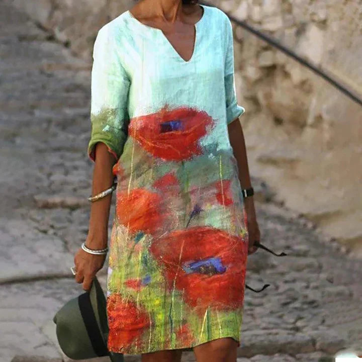 GR | Bedrucktes Midi-Kleid mit V-Ausschnitt