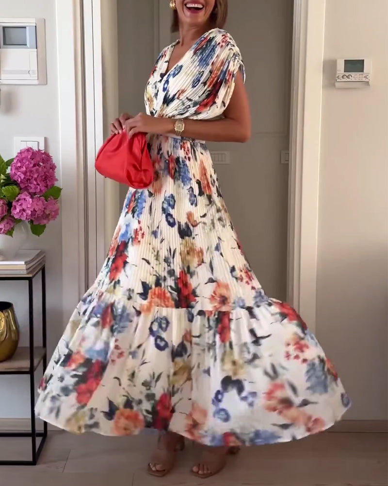 GR | Beautiful Elegant Pleated Dress with Floral Pattern