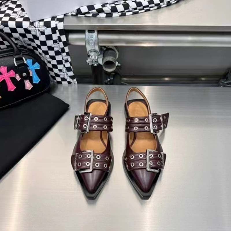 GR | Pointed toe belt buckle mules leather flat sandals