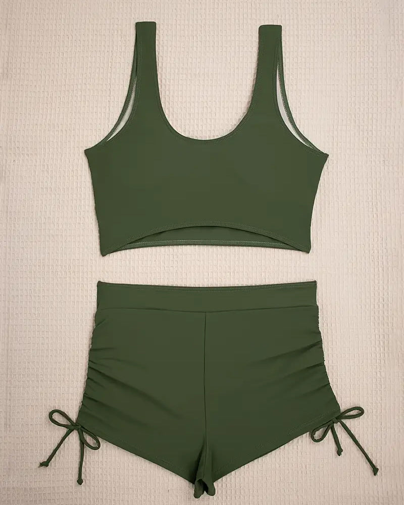 GR | Bikini Set Two Pieces Solid Color Boxer Shorts Lace-up