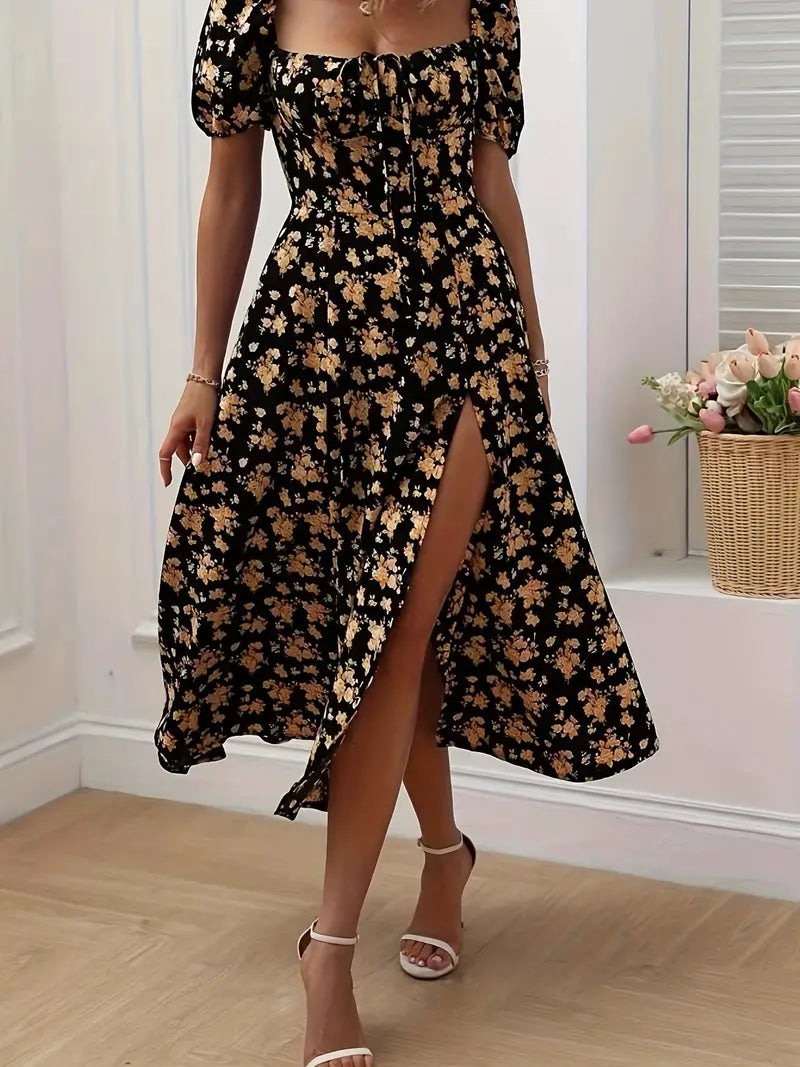 GR | Schickes Kleid mit Puffärmeln Im A-Linien-Stil mit Blumendruck