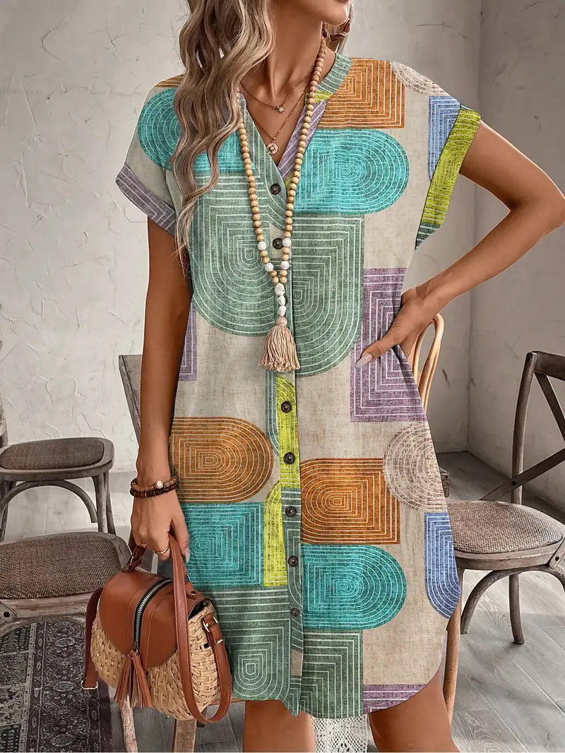 GR | Sommerhemd mit Geometrischem Druck V-Ausschnitt und Knopfverschluss Elegantes Midikleid