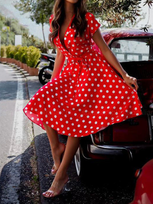 GR | Women's Dress Spot Print V-Neck Short Sleeve Dress