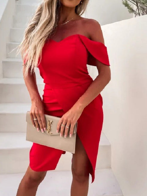 GR | Women's Solid One Shoulder Slim Fit Slit Dress