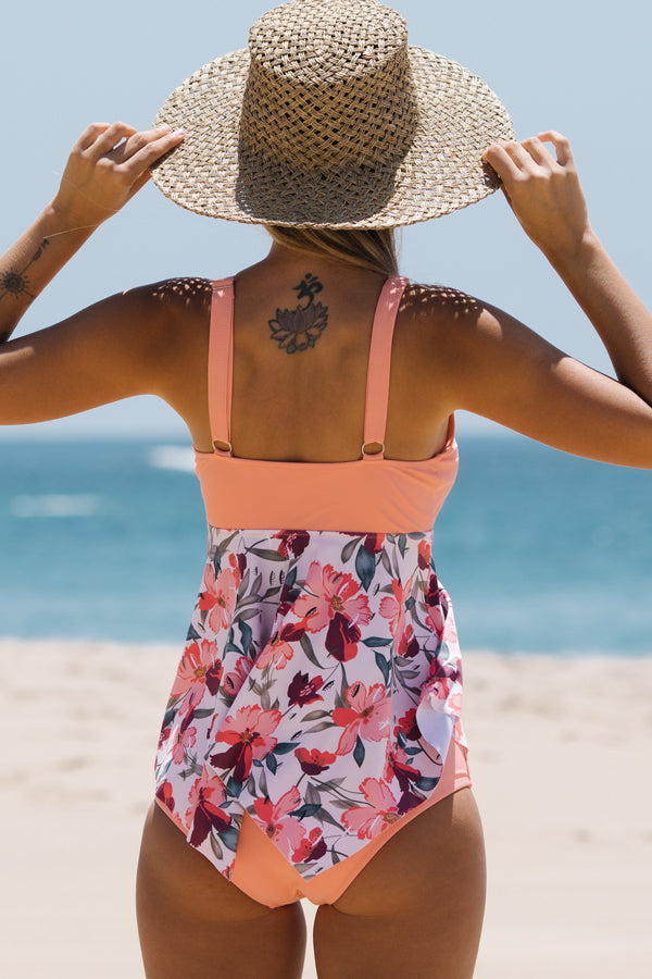 GR | Cute Patchwork Floral Pattern Ruffled Hem Tankini Set