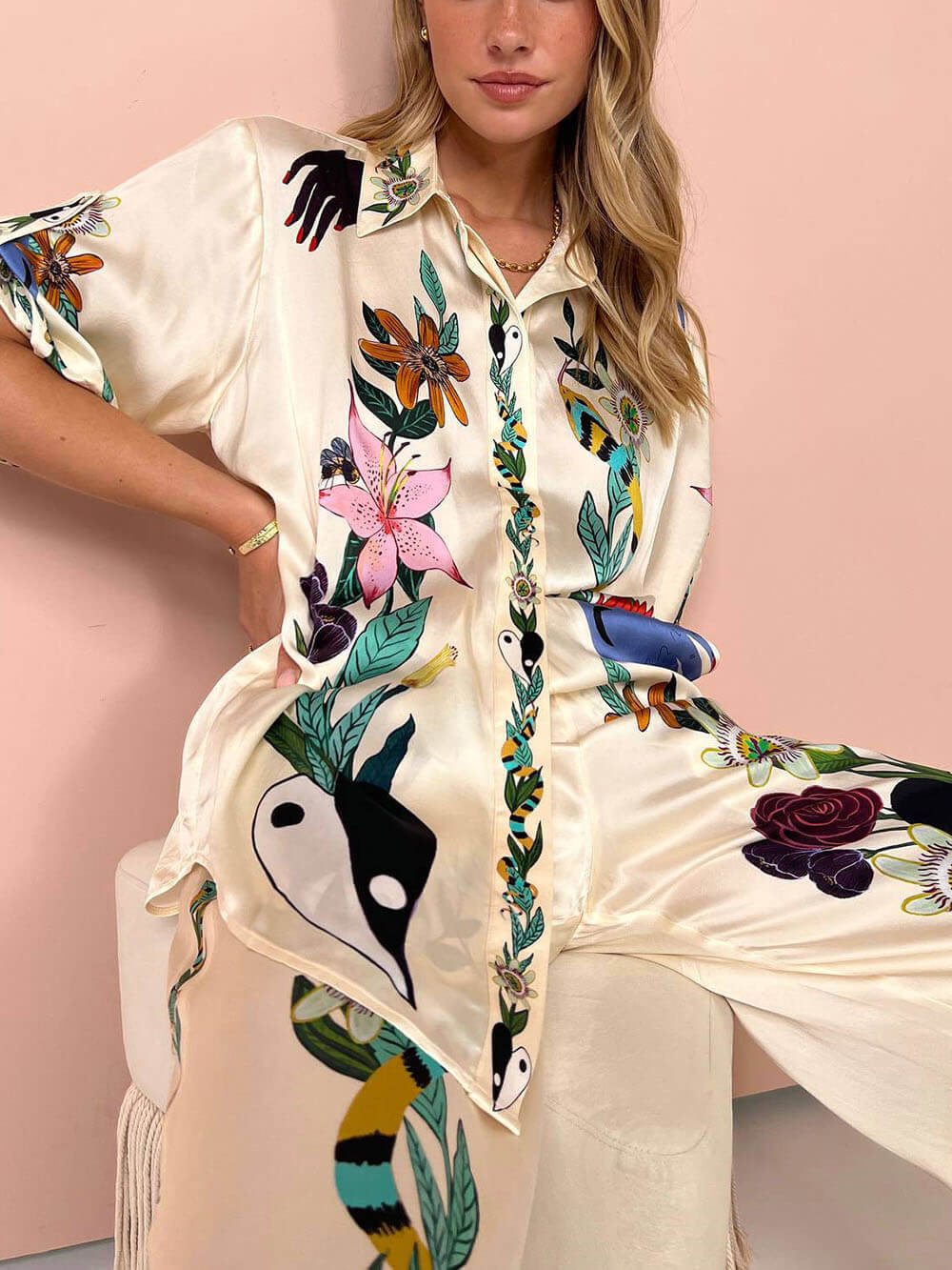 GR | Satin two-piece set with floral jungle print