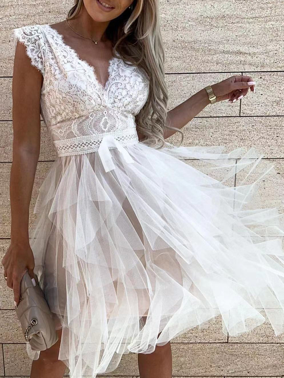GR | Women's V-neck Lace Mesh Irregular Dress