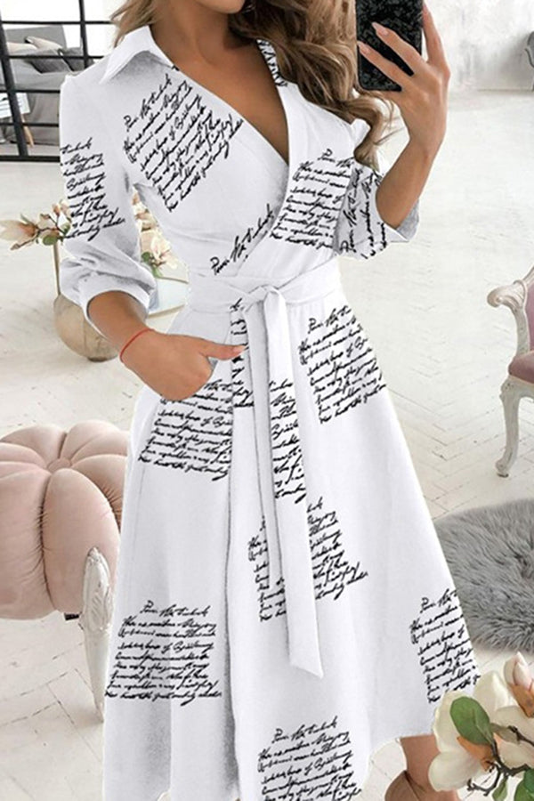 GR | Finde Dich Gut Bedrucktes Gürtel Hemd Midi Kleid